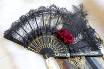 Lolita photographs black folding fan gorgeous lace dance fan European retro-black Gothic rose feather