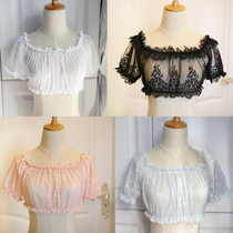 Lace inside lace with sweet short sleeve elastic embroidery with a word collar hollow lace shirt jacket bubble sleeve