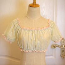 Light yellow blue powder Macaron lolita in summer with transparent bubble sleeve open shoulder short lace shirt