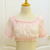 Japanese pink lace shirt hollowed dream bottom bubble sleeve short intake with Princess Lolita wind