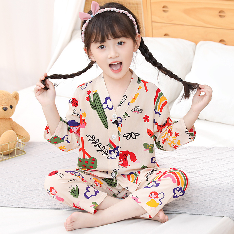Summer Children's Pajamas Cotton Silk Set Boys Girls Cotton Silk Air-Conditioned Clothing for Older Children Rayon Home Wear Thin Summer Children's Pajamas Cotton Silk Set Boys Girls Cotton Silk Air-Conditioned Clothing for Older Children Rayon Home Wear Thin