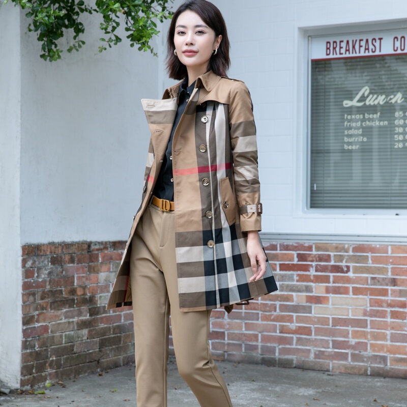 High-End European and American British Classic Plaid Checkered Old Money Style Mid-Length Trench Coat Biabetty Authentic Product