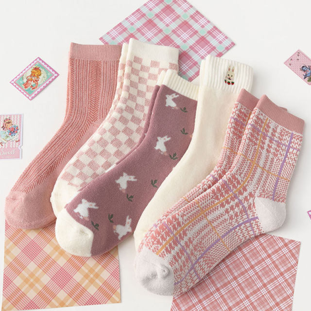 Socks winter women's mid-tube new thickened and warm Japanese pink plaid sweet bunny college styles socks girls's socks