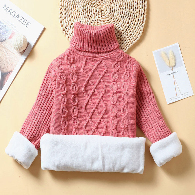 Boys and girls knitted sweater pullovers in the big children's plus velvet thickened children's bottoming shirt spring and autumn warm winter high-neck