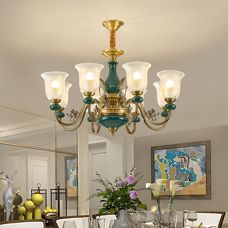 美式轻奢客厅吊灯全铜陶瓷复古法式欧式别墅餐厅灯大气奢华灯具