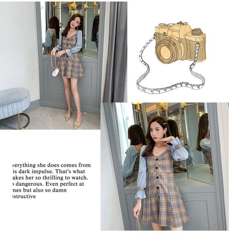 VK旗艦店 韓國風名媛格紋撞色拼接荷葉邊長袖洋裝