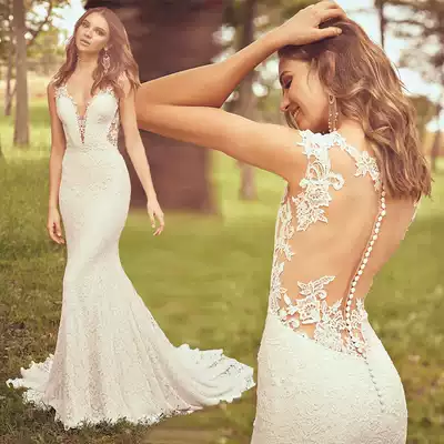 Light wedding V-neck 2021 New lace tailed fishtail backless wedding dress French wedding dress retro Hepburn women