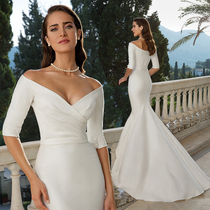 2021 new one-shoulder mid-sleeve small trailing wedding dress forest French light wedding dress super fairy satin wedding dress
