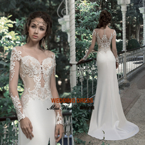 One-shoulder 2021 new bride wedding wedding dress long-sleeved V-neck lace slim fishtail small tail halter