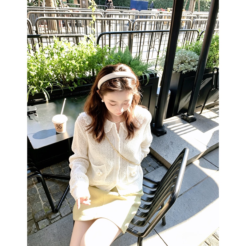 Ingcon Cloud Edge Camellia Hollow-Out White Knitted Cardigan Early Autumn Heavy Craft Crochet Korean Style Doll Collar Sweater Ingcon Cloud Edge Camellia Hollow-Out White Knitted Cardigan Early Autumn Heavy Craft Crochet Korean Style Doll Collar Sweater