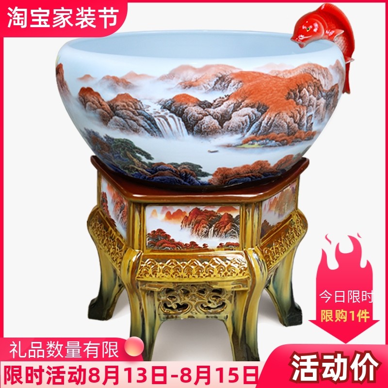 Jingdezhen Ceramic Fish Tank Fountain Cycle Filter Oxygenation Basin Utortoise Cylinder Sleeping Lotus cylinder Home Living room Company Merchants