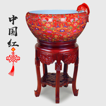 China red Jingdezhen porcelain fish tank water spray fish tank European living room ornamental ceramic fish tank Chinese goldfish basin
