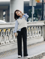 Seven volume a cut small man pants Black Ice Silk thin high casual mop floor wide leg pants womens autumn 0437