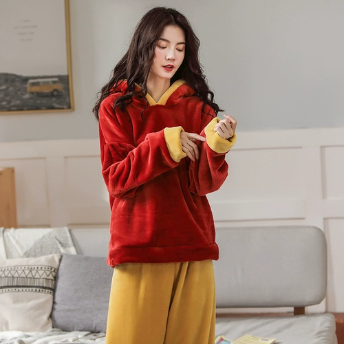 梦依情 Зимняя демисезонная пижама, удерживающий тепло флисовый лонгслив, милый фланелевый комплект, увеличенная толщина