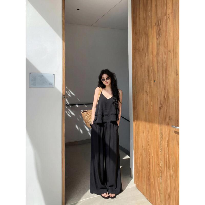 Ppwudawang Korean Style Black Casual Suit Pants for Women, Summer V-Neck Camisole Top and Wide-Leg Long Pants Two-Piece Set