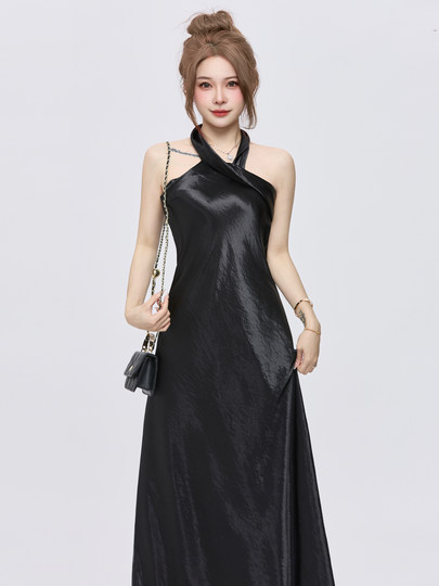 Ppwudawang French Style Satin Design Sleeveless Backless Dress Birthday Party Dress for Women