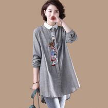 Vegan Ordering Cotton Hemp Womens Clothing Brand Flagship Store Mid-Length Big Code Striped Embroidered Shirt 2021 Spring Loose Lining Clothing