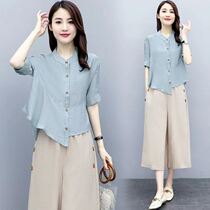 Vegetarian Cotton Linen Dress Fashion Suit Woman 2022 Summer Dress New Irregular Shirt Broadlegged Pants Suit Temperament Casual