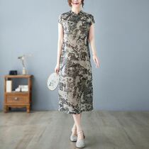 Vegetarian dress 2022 new retro cotton linen printed improvement qipao skirt Chinese wind dress medium long and thin