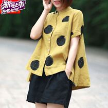 Vegetarian Pure Cotton Womens Dress Standings Big Code Wave Dot Printed Blouse Women Summer Short Sleeve Loose Lining Jacket