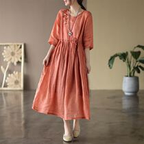 Vegetarian Flagship Store Foreign Trade Export Linen Women Clothing Dress Retro Embroidery Large Pendulum short sleeves Flax Long robe