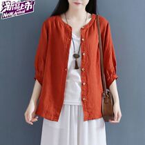 Vegetarian Cotton Linen Dress 2022 Spring Summer New Collar 100 Hitch Casual Shirt Retro Lantern Sleeve Shirt Woman