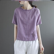 Plain womens original cotton embroidery round neck short sleeve t-shirt Womens summer new loose large size casual top