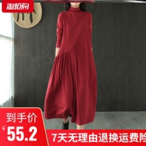Plain womens original cotton dress 2020 New Autumn half high neck long sleeve skirt size loose tide