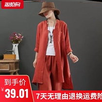 Autumn costume literature and art fan long style plain cotton linen womens original shirt loose size irregular age shirt Women