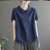 Plain womens original summer new literary retro collar cotton short-sleeved T-shirt womens loose thin hollow top