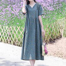 Vegetarian Cotton Linen Dress Short Sleeves Dress Woman 2022 Summer Art Retro Vintage Slim Fit Slim V Collar Large Swing Long Skirt