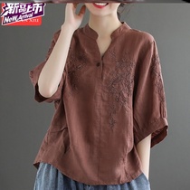 Plain cotton linen women cotton size loose T-shirt women 2020 Summer new embroidery V-neck sleeve top women