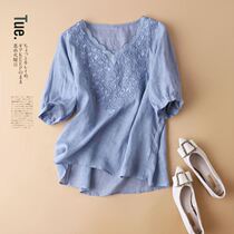 2022 Vegetarian Cotton Linen Dress Summer Dress New National Wind V Collar Embroidery Shirt Sleeve Head Art Retro Blouse Women