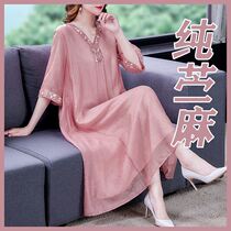 Vegetarian dress Pure Hemp Embroidered embroidered dress Dress Temperament Big Code Foreign Air Slimmy Cotton Linen Improved Version Qipao Dress