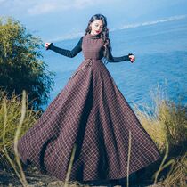 Vegan ordering 2021 new autumn and winter retro coffee color plaid woolen long dresses bottom two sets of thick suit skirts