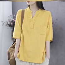 Plain cotton hemp womens clothing 95 cotton 2020 vintage summer new V-neck top thin short-sleeved T-shirt women loose