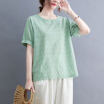 Vegetarian dress 2022 spring summer hollowed-out jacquard cotton linen sleeve head round collar loose display slim jacket short sleeve pure color tide