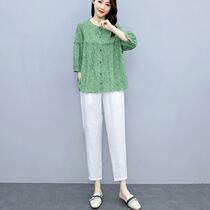 Vegetarian Cotton Linen Dress Fashion Suit Pants Woman 2022 Summer Dress New Korean Version Round Collar Blouse Casual Suit Pants