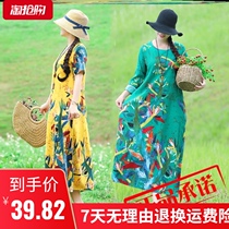 2020 Spring ethnic style literary plain ordered cotton linen womens original dress long sleeve size slim long skirt