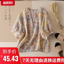 Plain cotton linen women original lantern sleeve printed Half sleeve Ramie top female summer art V collar loose T-shirt
