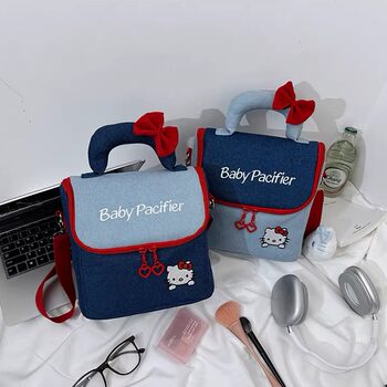 Retro Denim Cosmetic Bag for Women, Large-Capacity Travel Portable Bag, Toiletry Bag, Cute Cartoon Cat Satchel Cosmetics Bag