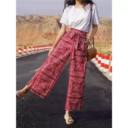 Этнические штаны, этнический стиль, цветочный принт, высокая талия, свободный прямой крой