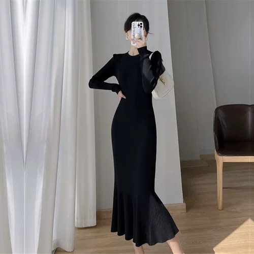 Трикотажное длинное трикотажное платье, шерстяное платье, юбка, облегающий крой, средней длины, крой «рыбий хвост»