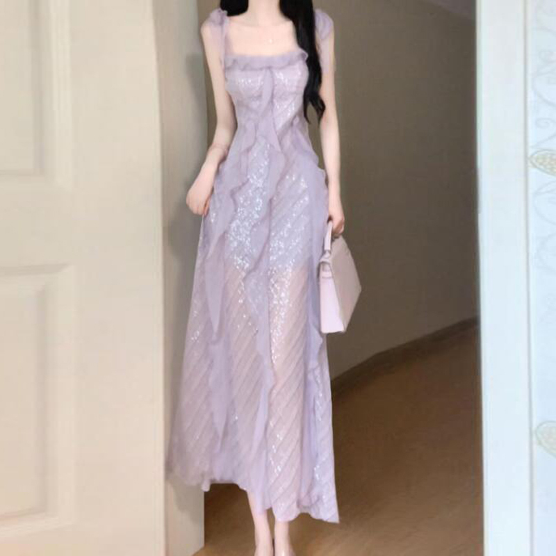 French Purple Sequin Suspender Dress for Women, Spring and Summer Elegant, High-End Seaside Vacation Unique and Beautiful Dress