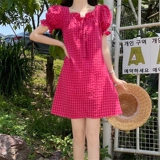 Летнее милое красное цветное платье-комбинация, 2025 года, рукава фонарики