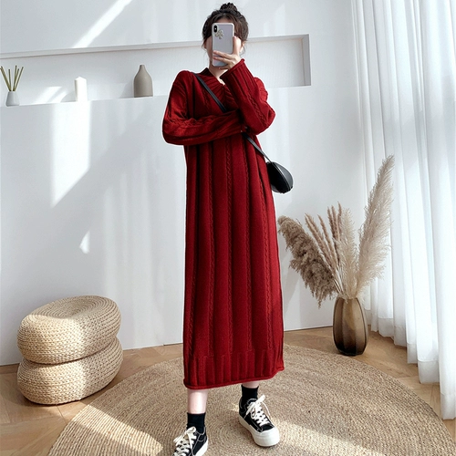 Свитер, демисезонная длинная юбка, ретро трикотажное трикотажное платье, увеличенная толщина, большой размер, французский ретро стиль, V-образный вырез