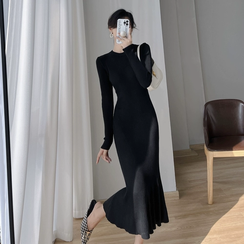 Трикотажное длинное трикотажное платье, шерстяное платье, юбка, облегающий крой, средней длины, крой «рыбий хвост»