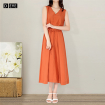 Cotton linen dress Women summer casual loose sleeveless vneck A- line dress linen summer thin long solid color skirt