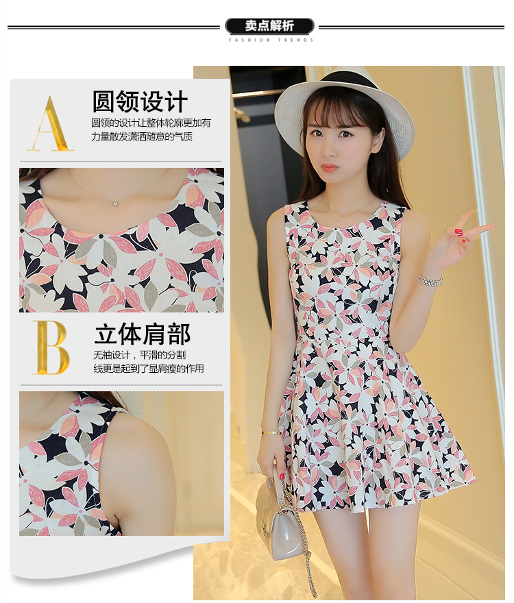 2018 Hàn Quốc phiên bản của mùa hè mới không tay in dress Một từ váy ngọt eo hoa ngắn vest váy phụ nữ váy xòe xếp ly