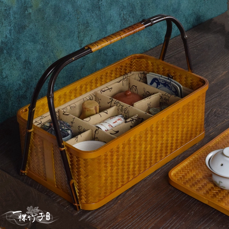 Bamboo Style Tea Box Satchel Tea Set Storage Box Bamboo Woven Storage Basket Kung Fu Teapot Tea Cup Outing Thickeneded Bag Basket